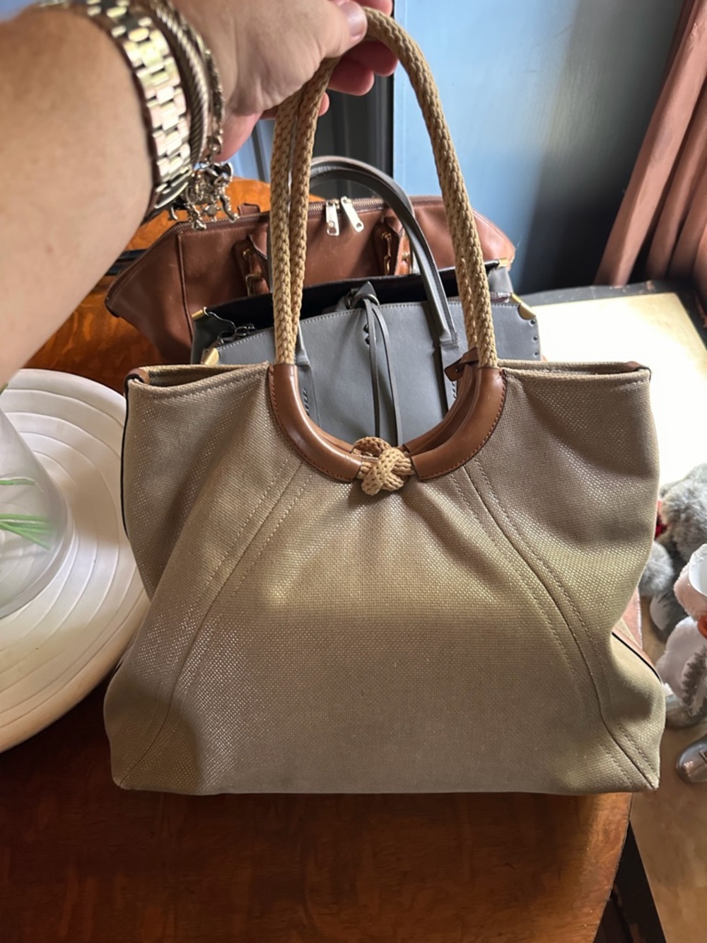 Michael Kors Beige Canvas Shoulder Tote with Tan Leather Trim - Picture 2 of 6